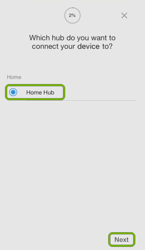 SmartThings hub's name and Next option highlighted in device setup screen of SmartThings app.