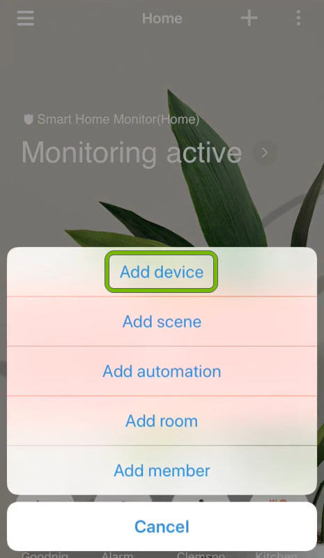 Add device option highlighted in pop-up menu of SmartThings app.