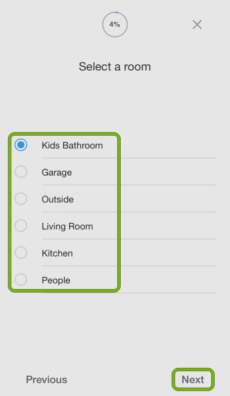 Room choices and Next option highlighted in room selection screen of SmartThings app.