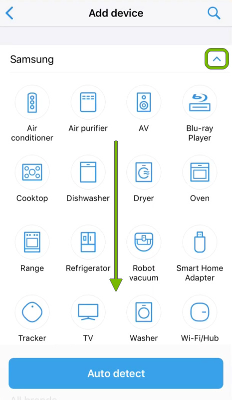 Collapse arrow highlighted with arrow showing scroll direction on device brand selection list in SmartThings app.