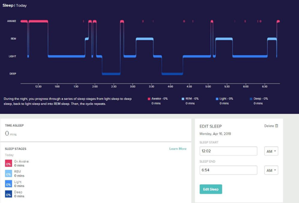 Fitbit online dashboard showing sleep