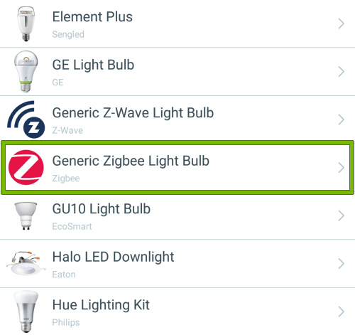 Generic Zigbee Light Bulb option highlighted in list of light bulb types of Wink app.