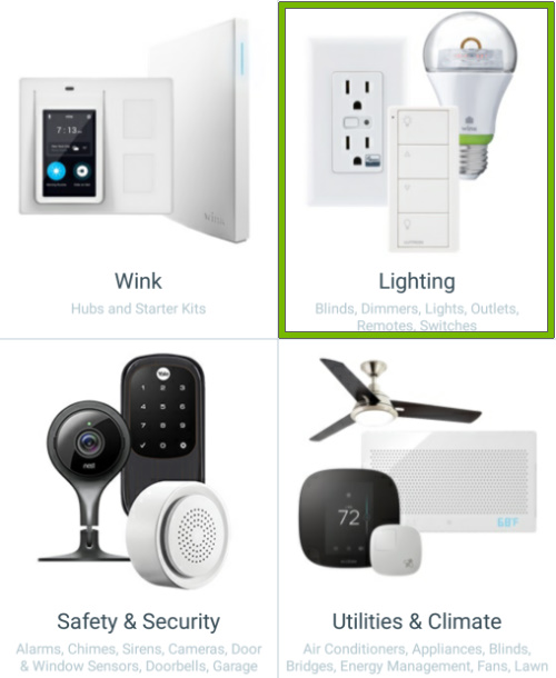 Lighting option highlighted in category selection list of Wink app.