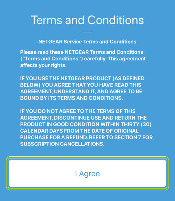Agree button highlighted on Terms and Conditions agreement screen during first launch of Orbi app.