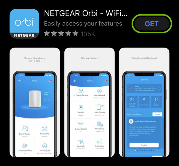 Get option highlighted for Netgear Orbi app in iOS App Store.