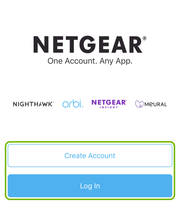 Create Account and Log In buttons highlighted in Orbi app during first launch.