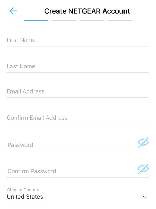 Netgear account creation screen in Orbi app during first launch.