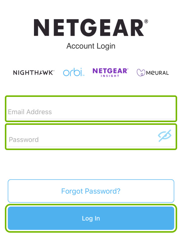 Email Address and Password fields, and Log In button highlighted in Orbi app during first launch.
