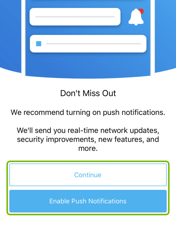 Continue and Enable Push Notifications buttons highlighted during first launch of the Orbi app.
