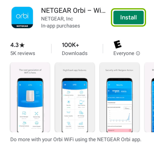 Install option highlighted for Netgear Orbi app in Play Store on Android.