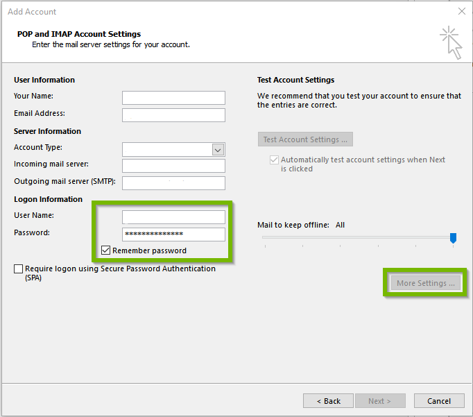 Blank outlook settings focused on log on info