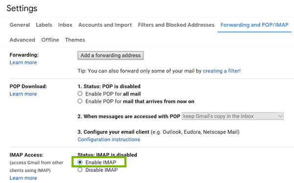 Enabling IMAP