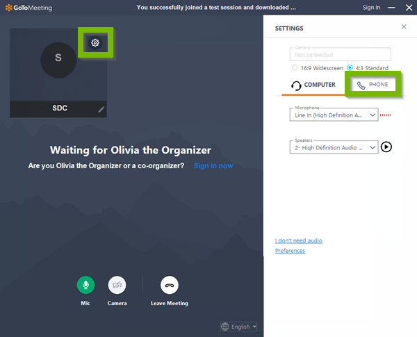 gotomeeting settings phone