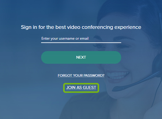 Join as Guest option highlighted on Sign In screen faded camera feed during first launch of BlueJeans app.