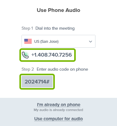 Phone number to dial and audio code to enter to join meeting with phone shown in BlueJeans app.
