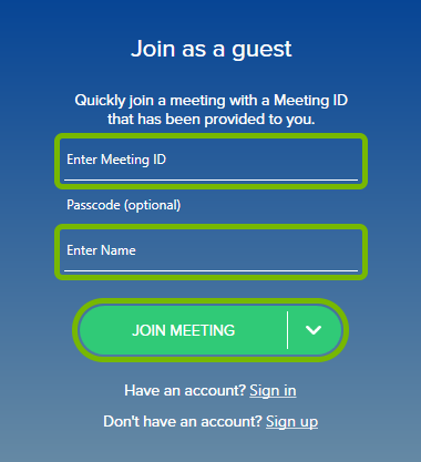 Meeting ID and Name fields, and Join Meeting button highlighted on the left side of BlueJeans app.