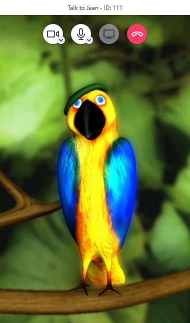 Test call in progress showing Jean the Parrot in BlueJeans app.