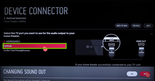 Selecting the tv port as optical