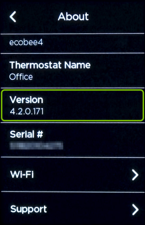 Version entry highlighted in About section of ecobee thermostat menu.
