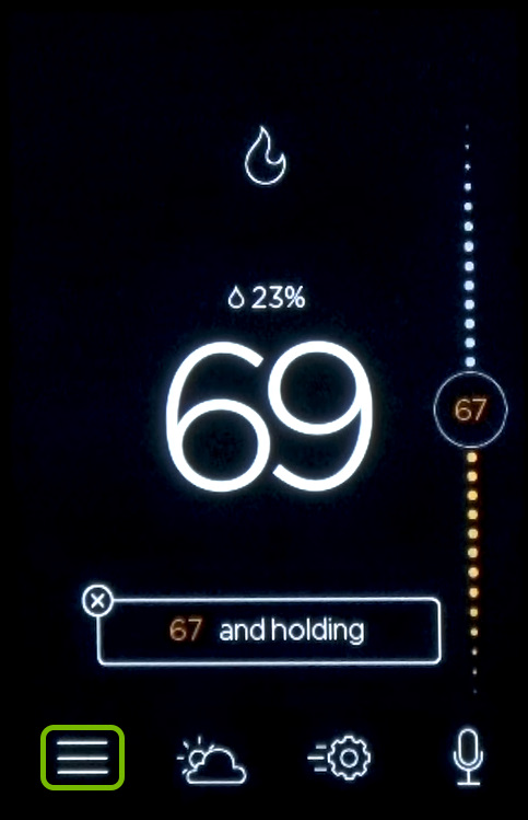 Menu icon highlighted on ecobee thermostat screen.