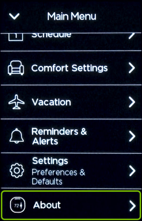 About option highlighted in ecobee thermostat menu.