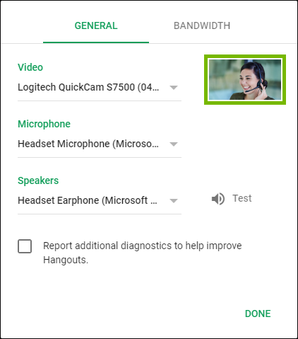 Camera feed highlighted in Google Hangout settings.