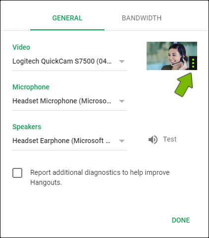 Volume bars pointed out for selected microphone in Google Hangouts settings.