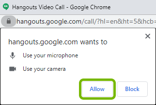 Allow button highlighted on Google Chrome prompt asking for permission to use camera and microphone for Hangouts.