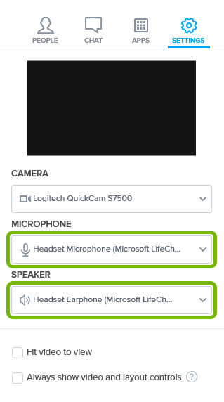Selected microphone and speaker devices highlighted in Settings of BlueJeans app.