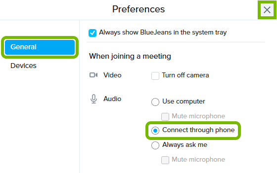 General tab, Connect through phone option and X button highlighted in BlueJeans Preferences window.