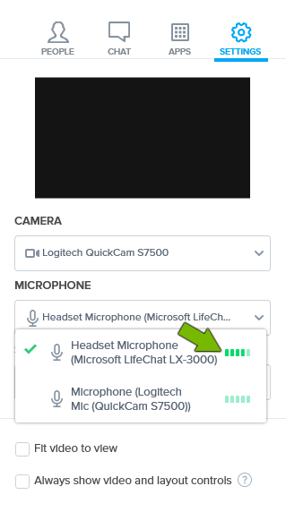 Volume bars pointed out for selected microphone in settings of BlueJeans app.