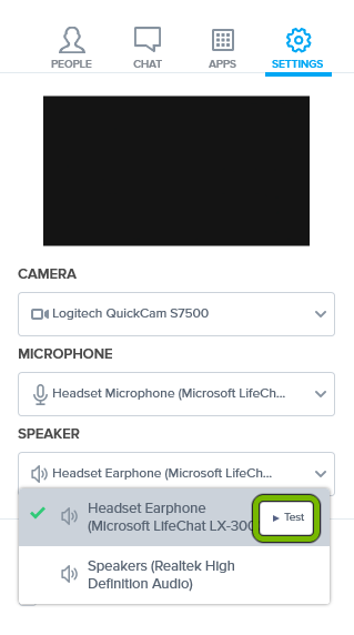 Test button highlighted for selected speaker in settings of BlueJeans app.