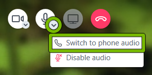 Down arrow on audio icon and Switch to Phone Audio option highlighted during a conference call in BlueJeans app.