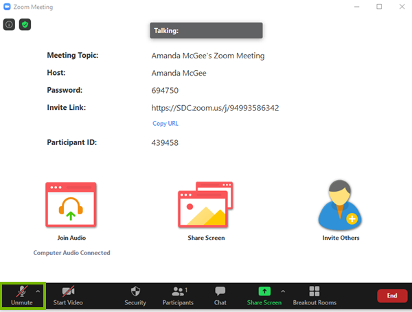 Zoom meeting window showing the unmute button