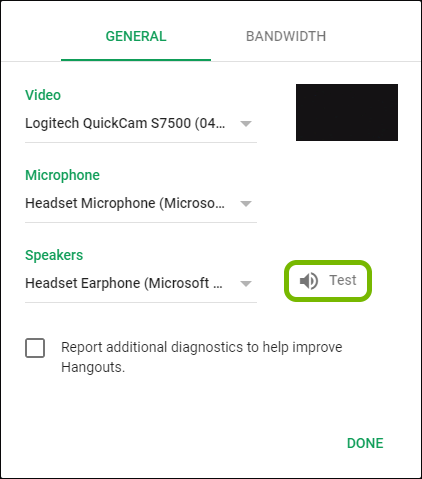 Test option highlighted next to the selected speaker in Google Hangouts settings.