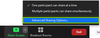 The advanced sharing options under share screen in the zoom menu