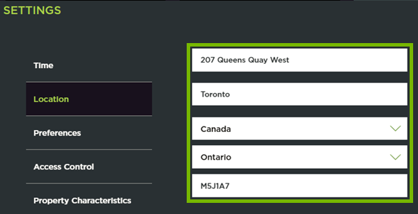 Address fields highlighted in ecobee web portal settings.