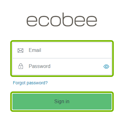 Email and Password fields, and Sign in button highlighted on ecobee login web page.