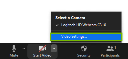 Video settings menu selection