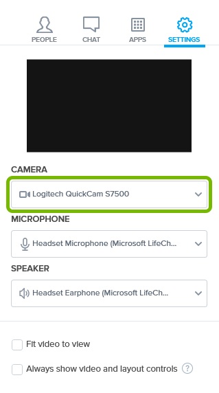 Selected camera highlighted in Settings of BlueJeans app.