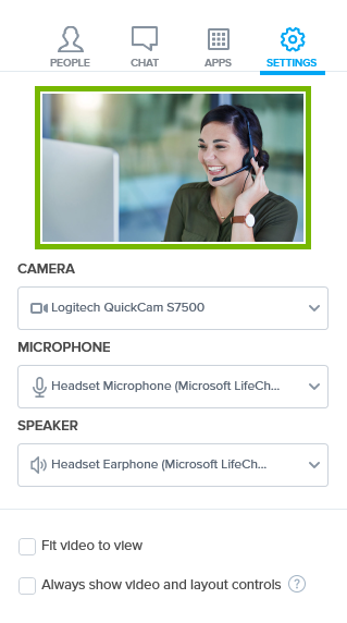 Camera live view highlighted in Settings of BlueJeans app.