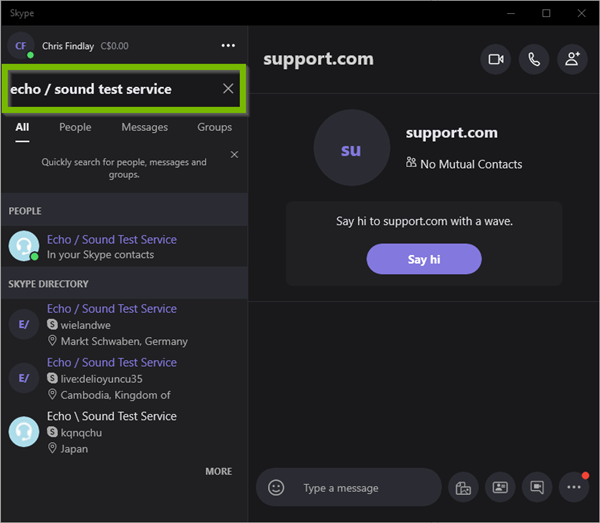 Search for Echo / Sound Test Service in Contacts