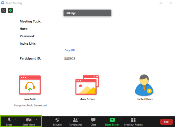 The mute and video buttons for the Zoom meeting app