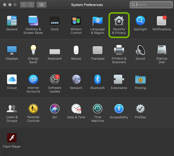 Security & Privacy icon highlighted in System Preferences in macOS.