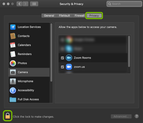 Privacy tab and Padlock icon highlighted in Security & Privacy in macOS.