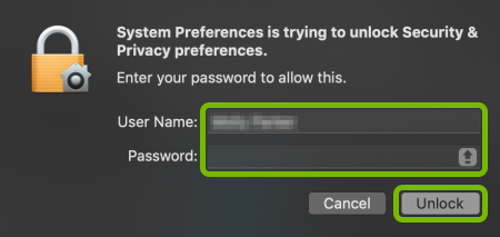 User Name and Password fields, and Unlock button highlighted on admin login prompt in macOS.