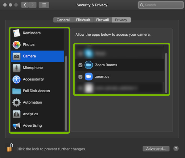 Left and right panes highlighted in Security & Privacy settings in macOS.