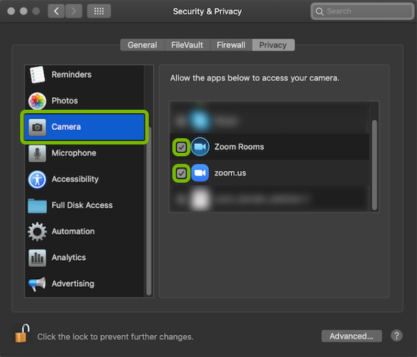 Camera highlighted in the left pane and check marks next to Zoom highlighted in the right pane of Security & Privacy in macOS.