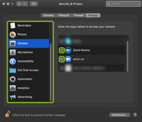 Service or device selection panel and checkboxes next to app names highlighted in Security & Privacy in macOS.