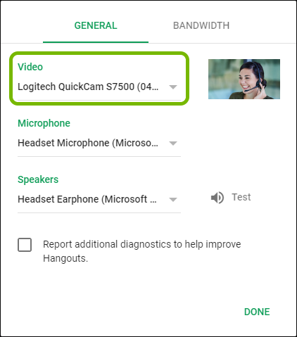 Camera selector highlighted in Google Hangouts settings.